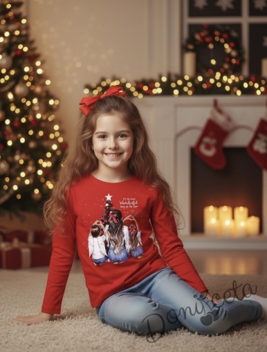 Коледна детска блуза с дълъг ръкав в червено с коледни мотиви