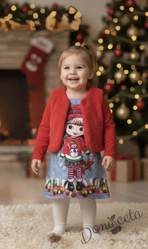 Коледна детска права рокля с дълъг ръкав с картинка на момиченце и елек в  червено 