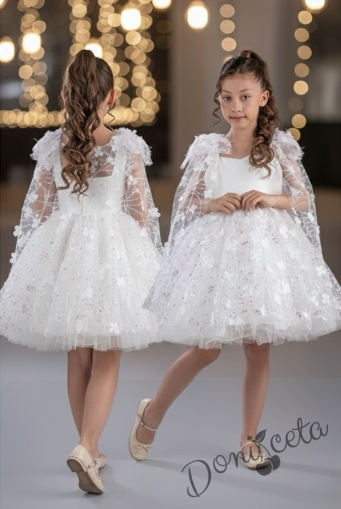 Детска официална рокля в бяло и тюл на цветя и шарени детайли Роузи