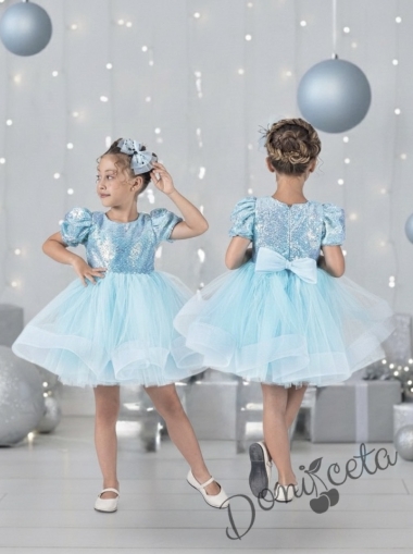 Официална празнична детска рокля с къс ръкав в светлосиньо с пайети Людмила от колекция Светлосияна