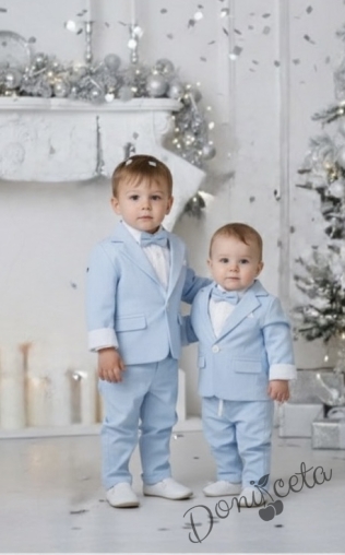 Детски комплект за момче от 4 части в светлосиньо - сако, панталон, риза в бяло и папийонка от колекция Светлосияна