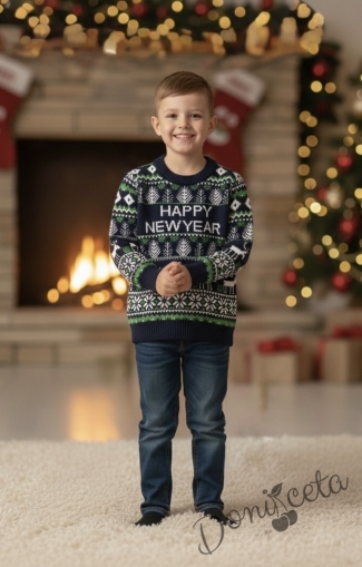 Детски коледен пуловер с коледни мотиви в зелено и тъмносиньо с еленчета