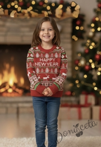 Детски коледен пуловер в червено с коледни мотиви и зелено с еленчета