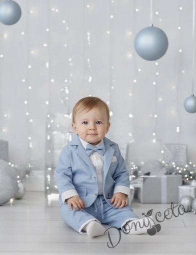 Бебешки елегантен комплект за момче от 4 части - боди-риза в бяло с панталон, сако и папийонка в светлосиньо 