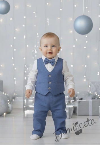 Бебешки официален комплект за момче от 4 части - риза в бяло, панталон, елек и папийонка в синьо