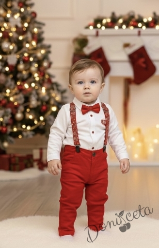 Бебешки комплект от панталон в червено, боди-ризка в бяло, тиранти и папийонка от колекция Червеника