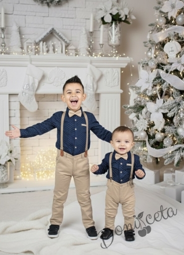 Комплект от риза в тъмносиньо с орнаменти, панталони, тиранти и папийонка в бежово