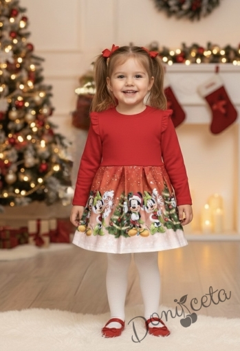Ватирана коледна рокля с коледна картинка на Мини и Мики Маус за момиче в червено 