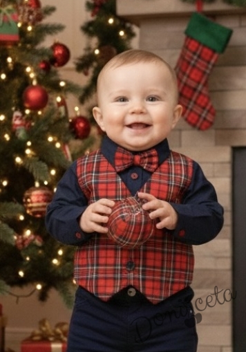  Комплект Карена от детска бебешка риза с дълъг ръкав  в тъмносиньо за момче с елек в каре и папийонка