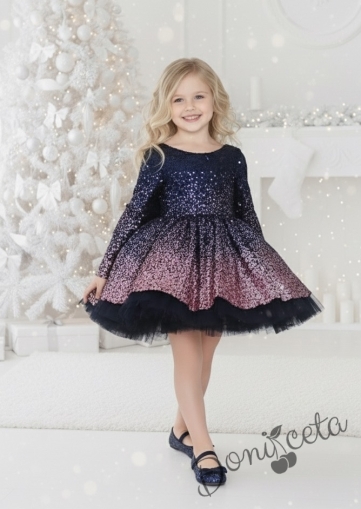 Официална детска рокля с дълъг ръкав с пайети в пепел от рози с тюл отдолу  Пенелопи