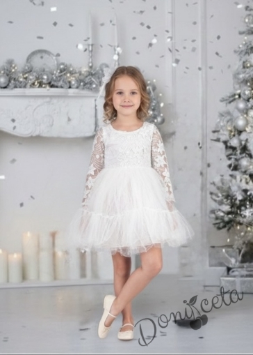 Детска празнична рокля с  дантела и тюл в бяло и панделка за коса Амира