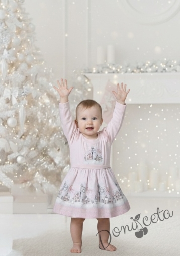 Детска рокля с дълъг ръкав в розово с картинка на замъци и къдрички на ръкавите