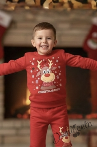 Ватиран коледен детски комплект в червено с елен Christmas Deer