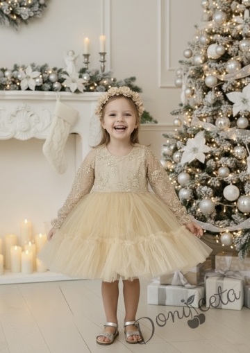 Официална детска рокля с дълъг ръкав Тера с дантела и тюл и фиба за коса в златисто 