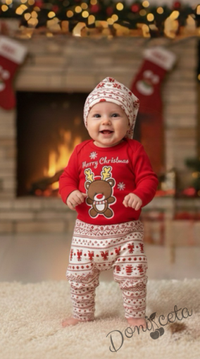Бебешки коледен комплект от 3 части- червено боди с еленче, бели панталонки и шапка с коледни мотиви