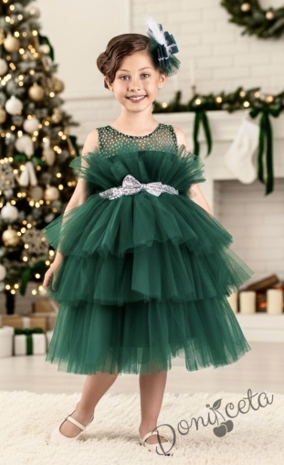 Детска официална  рокля без ръкав Фрея с богат тюл в тъмно зелено и панделка за коса 55784519