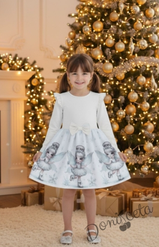Бебешка/детска коледна рокля в бяло с къдрички, панделка и коледни мотиви
