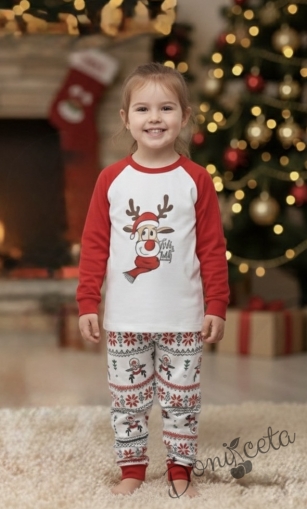 Коледна детска пижама Карена в бяло и червено с картинка на еленче и долнище с коледни мотиви