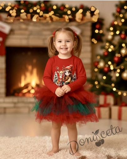 Ватирана коледна рокля в червено с коледна картинка с момиченце и сърничка и тюл в червено и зелено