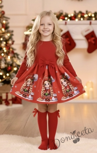 Детска коледна рокля в червено с къдрички, панделка и коледни мотиви