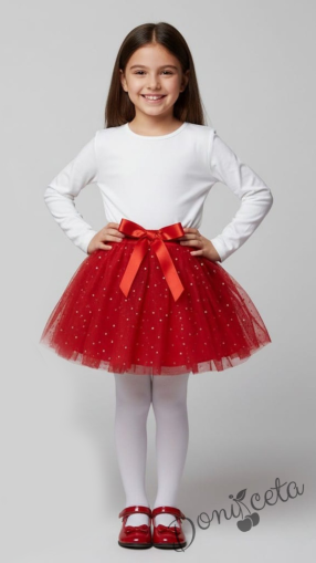 Детска пола за момиче от тюл в червено със звездички и панделка Лора