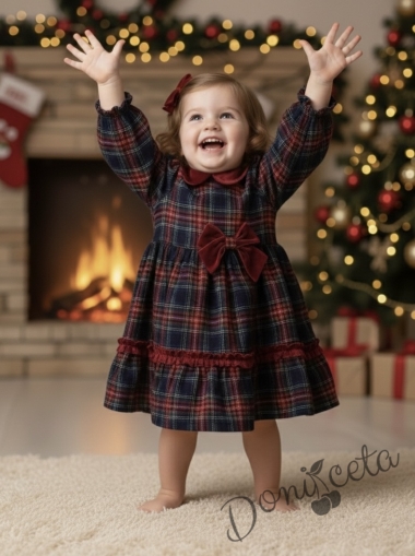 Детска коледна рокля каре в синьо с дълъг ръкав с панделка и яка в червено Карена