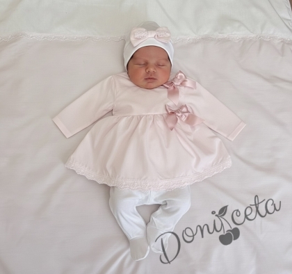 Комплект за изписване за момиче с рокличка от 7 части с дантела в розово и бяло