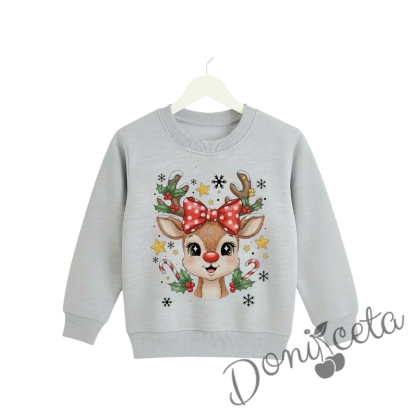 Коледна ватирана блуза Звън с еленче с шал в сиво