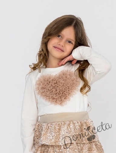 Детска блуза за момиче с дълъг ръкав в екрю със сърце от тюл в бежово Contrast