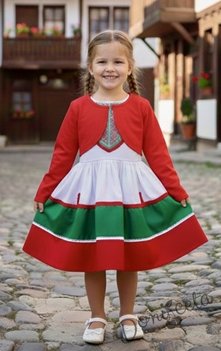 Детска етно рокля в бяло, зелено и червено за момиче с болеро в червено и фолклорни мотиви