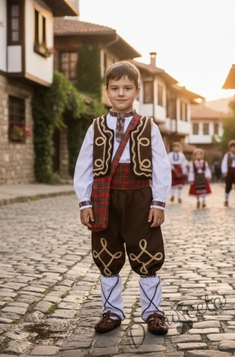 Детска народна народна носия за момче 169 с фолклорни/етно мотиви, с кариран елек и пояс, гети и торбичка