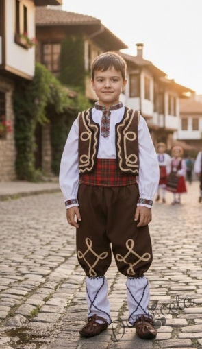 Детска народна носия за момче 77 с риза, потури и елек в кафяво, кариран пояс и гети