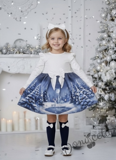 Бебешка/детска коледна рокля в бяло с къдрички, панделка и коледни мотиви