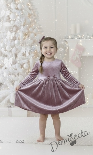 Детска плюшена рокля с дълъг ръкав в пепел от рози с панделка, тюл и фиба за коса