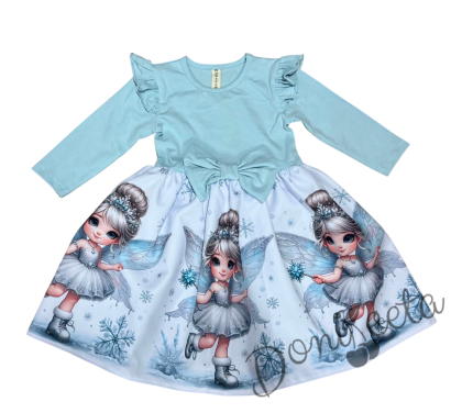 Бебешка/детска коледна рокля в тюркоаз с къдрички, панделка и коледни мотиви