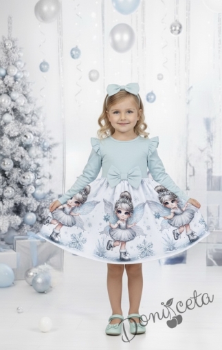 Бебешка/детска коледна рокля в тюркоаз с къдрички, панделка и коледни мотиви