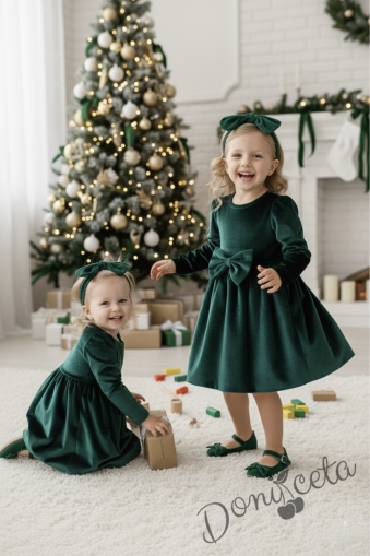 Детска/бебешка плюшена коледна рокля в зелено с панделка 