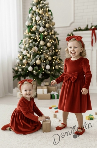 Детска/бебешка плюшена коледна рокля в червено с панделка 