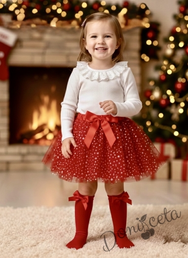 Комплект за момиче от 2 части-пола от тюл в червено и блуза с дълъг ръкав в бяло с дантела