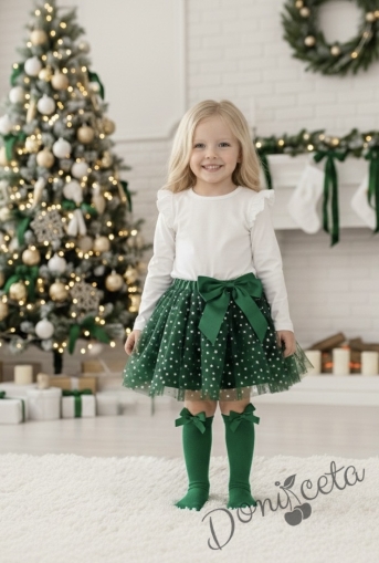 Комплект за момиче от 2 части-пола от тюл в зелено и блуза с дълъг ръкав в бяло с крилца