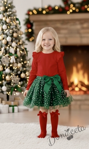 Комплект за момиче от 2 части-пола от тюл в зелено и блуза с дълъг ръкав в червено с крилца