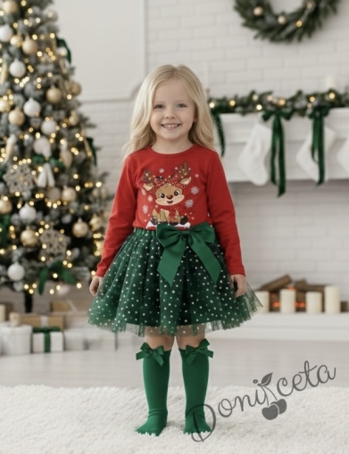 Комплект за момиче от 2 части-пола от тюл в зелено и блуза с дълъг ръкав в червено с картинка