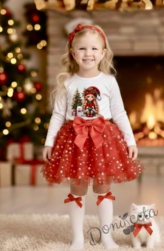 Комплект за момиче от 2 части-пола от тюл в червено и блуза с дълъг ръкав в бяло с картинка с момиченце с коте