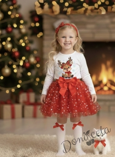Комплект за момиче от 2 части-пола от тюл в червено и блуза с дълъг ръкав в бяло с картинка с еленче
