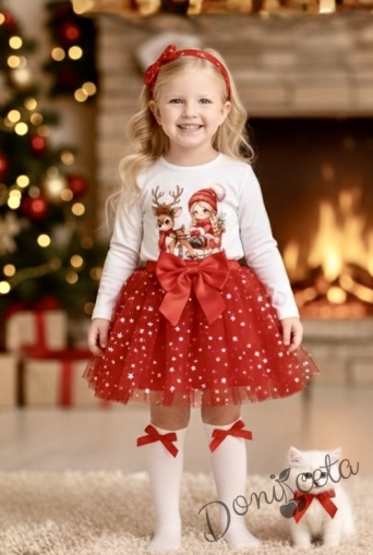 Комплект за момиче от 2 части-пола от тюл в червено и блуза с дълъг ръкав в бяло с картинка с еленче