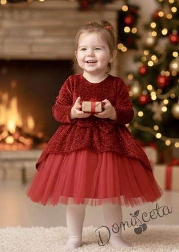 Детска плюшена рокля  Надежда с дълъг ръкав и тюл в червено с блясък