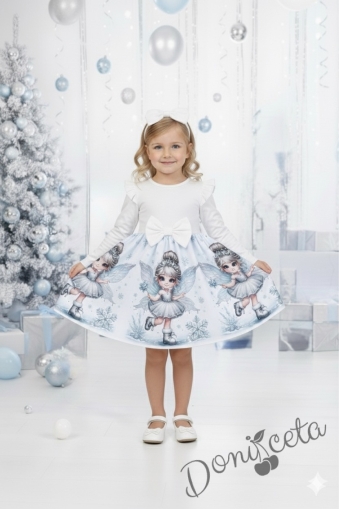Бебешка/детска коледна рокля в бяло с къдрички, панделка и коледни мотиви