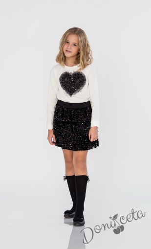 Комплект за момиче от 2 части от блуза за момиче с дълъг ръкав в екрю със сърце от тюл в черно и пола от тюл в черно с пайети Contrast