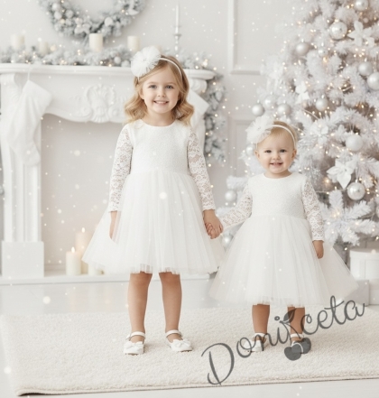 Официална детска рокля в  снежнобяло Крис с дълъг ръкав в  с тюл и дантела