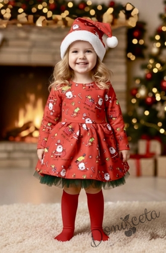 Детска коледна рокля с дълъг ръкав в червено с коледна шапка и зелен тюл отдолу